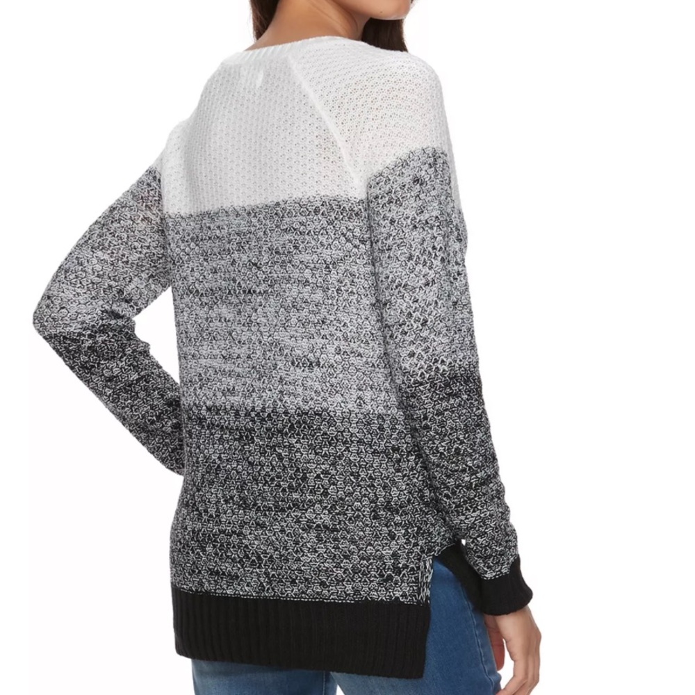 SO Women's Raglan V-Neck Striped Knit Sweater - White , Gray, and Black